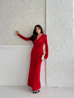 Cowl Neck Long Sleeve Maxi Dress - Red - Mirelline Store