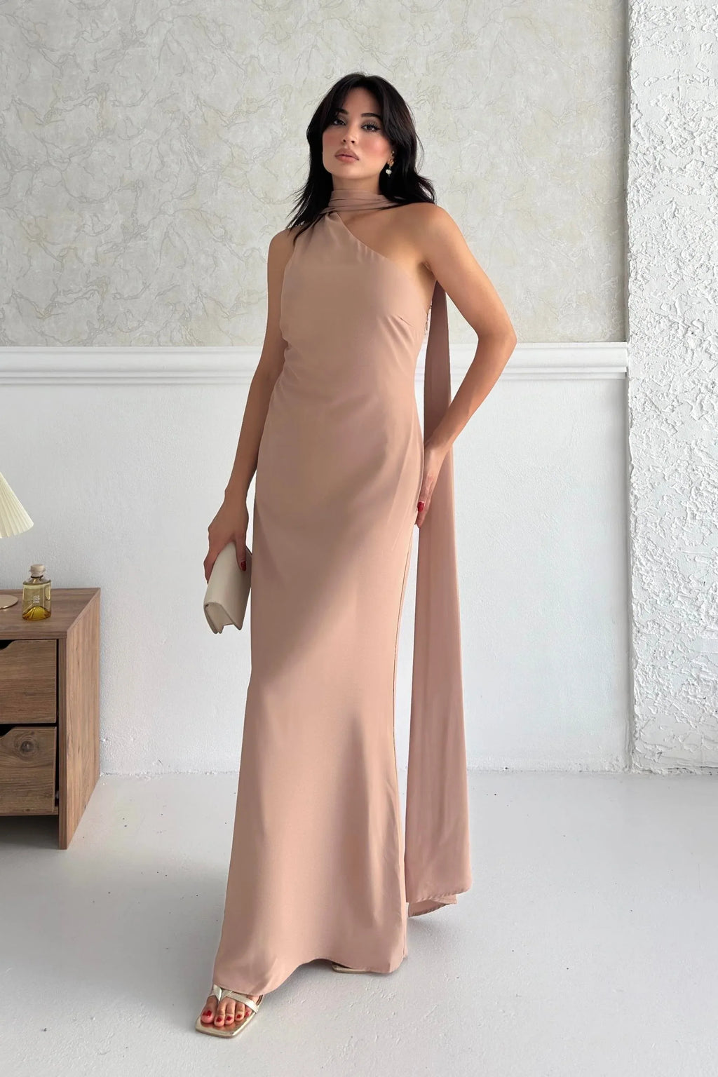 Scarf Detail One-Shoulder Maxi Dress - Beige - Mirelline Store