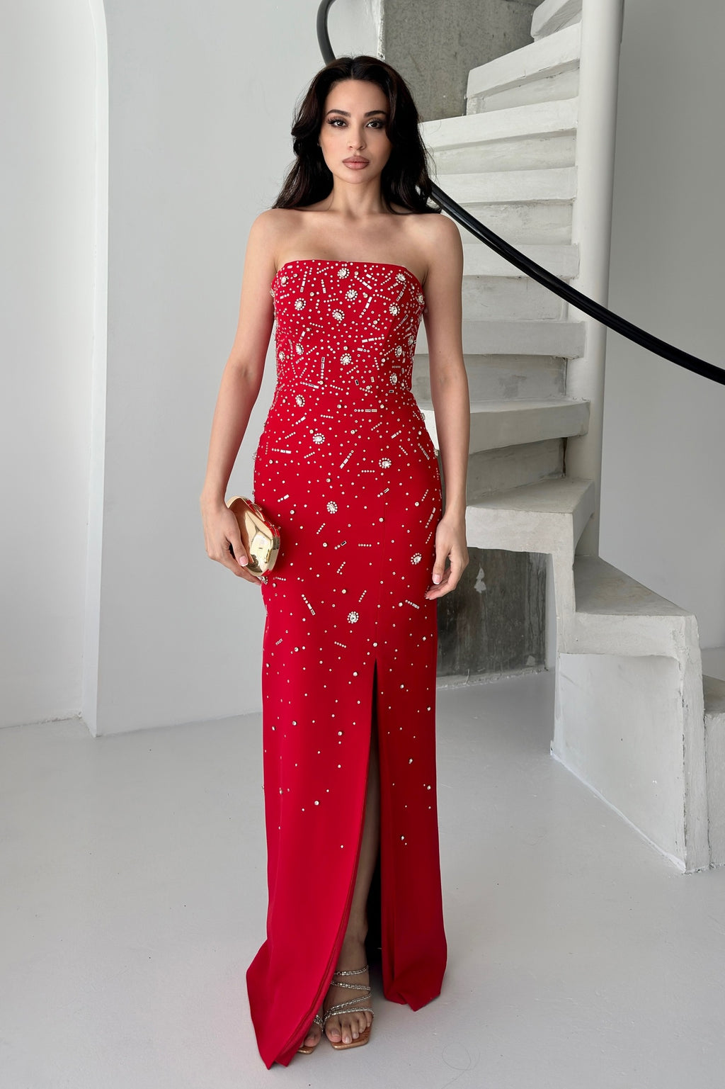 Embroidered Strapless Slit Maxi Dress - Red