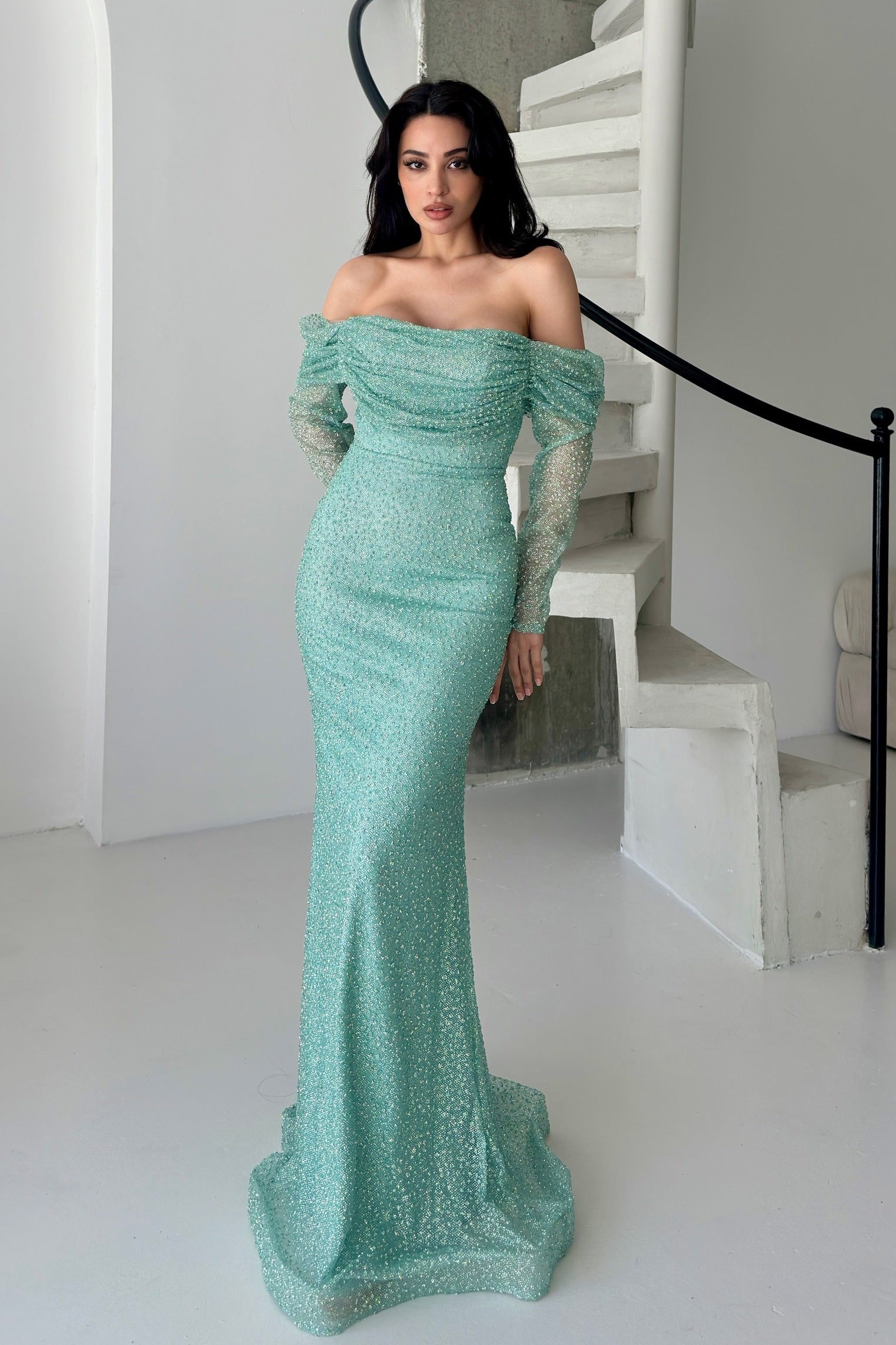 Beaded Off-Shoulder Long Sleeve Maxi Dress - Mint