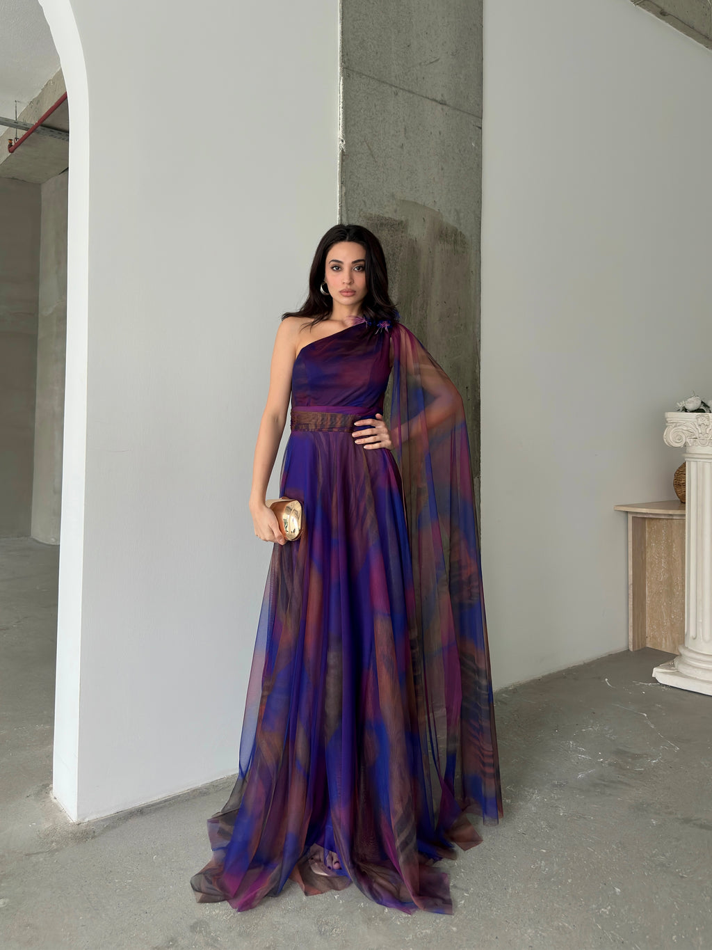 One-Shoulder Cape Detail Tulle Maxi Dress - Saxe Blue Multi