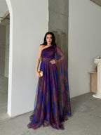 One-Shoulder Cape Detail Tulle Maxi Dress - Saxe Blue Multi