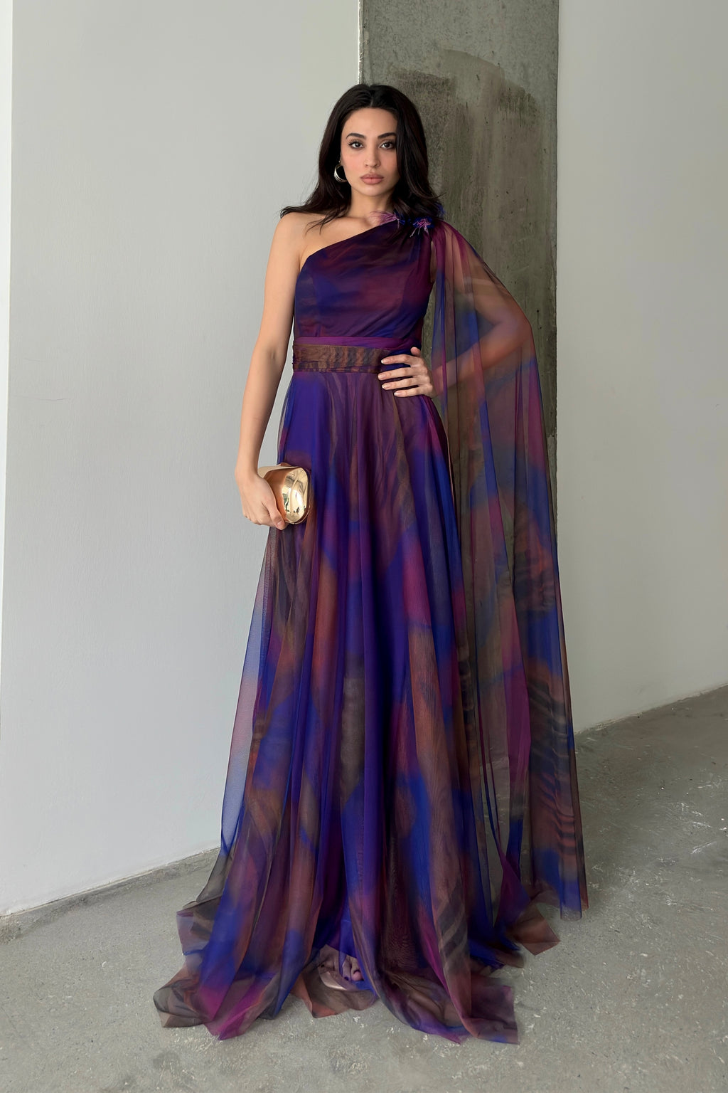 One-Shoulder Cape Detail Tulle Maxi Dress - Saxe Blue Multi