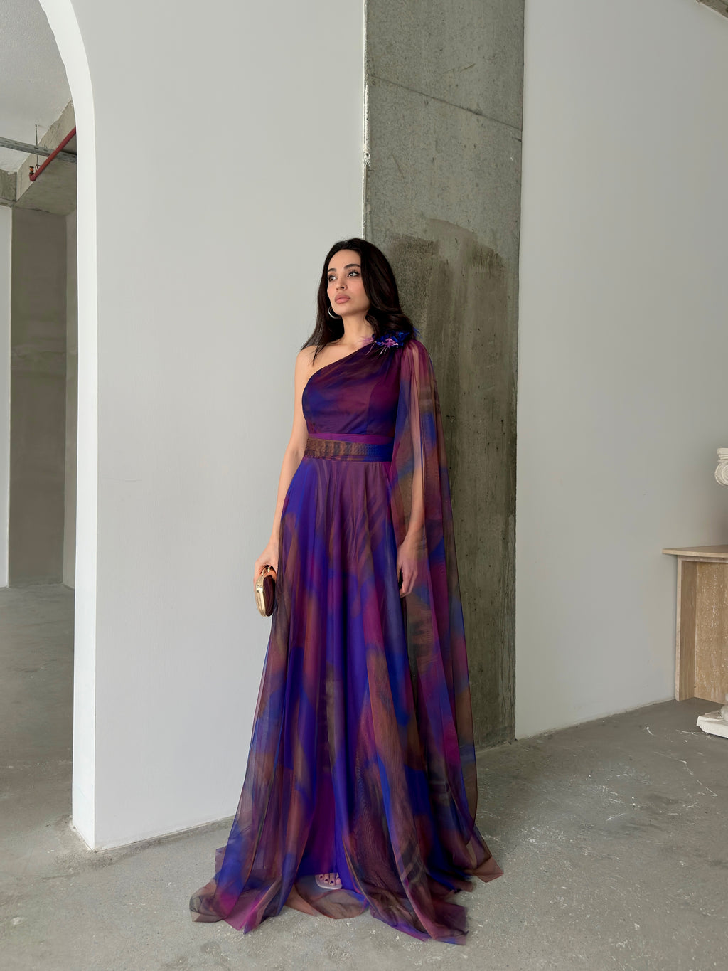 One-Shoulder Cape Detail Tulle Maxi Dress - Saxe Blue Multi