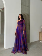 One-Shoulder Cape Detail Tulle Maxi Dress - Saxe Blue Multi