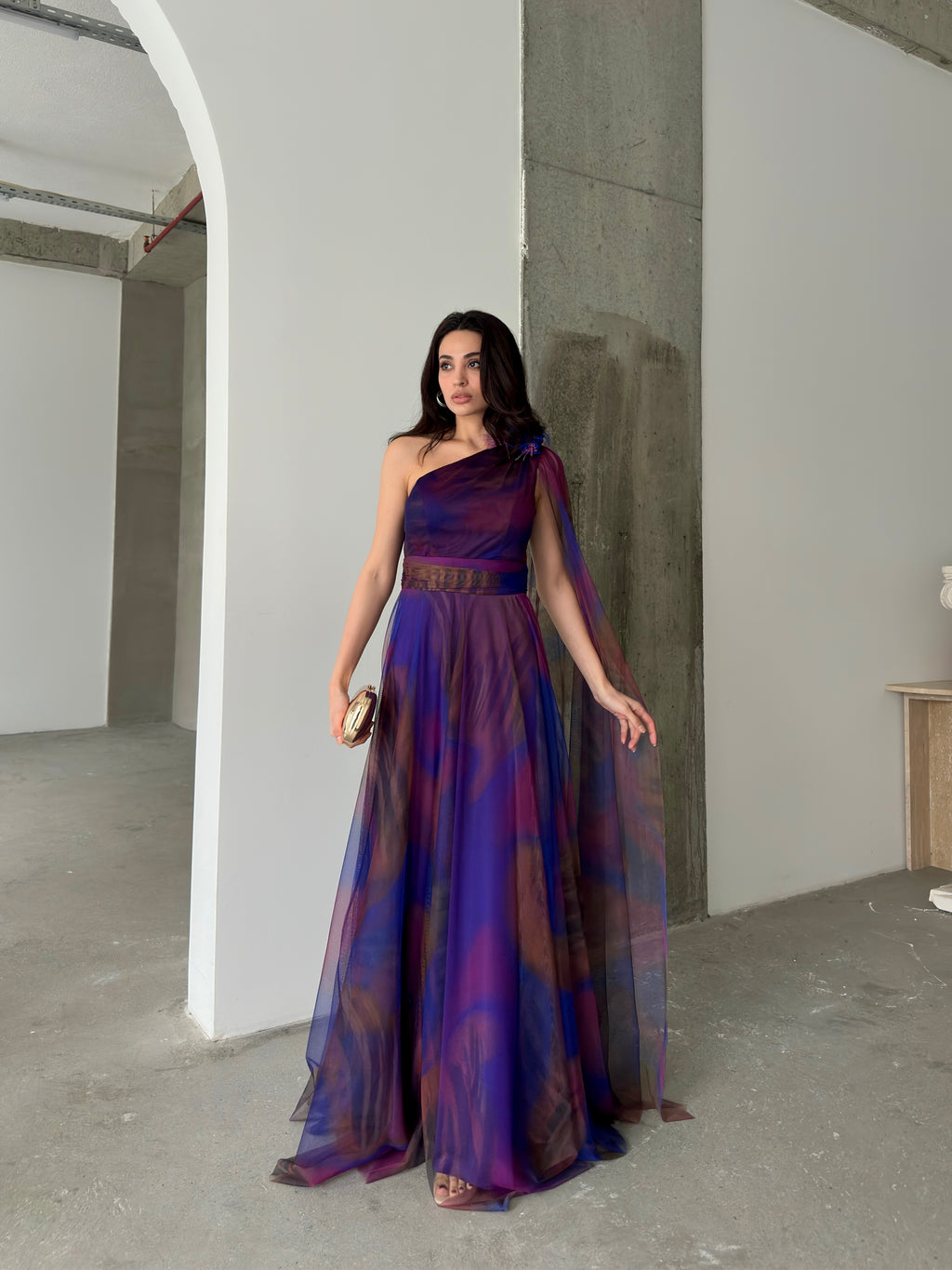 One-Shoulder Cape Detail Tulle Maxi Dress - Saxe Blue Multi