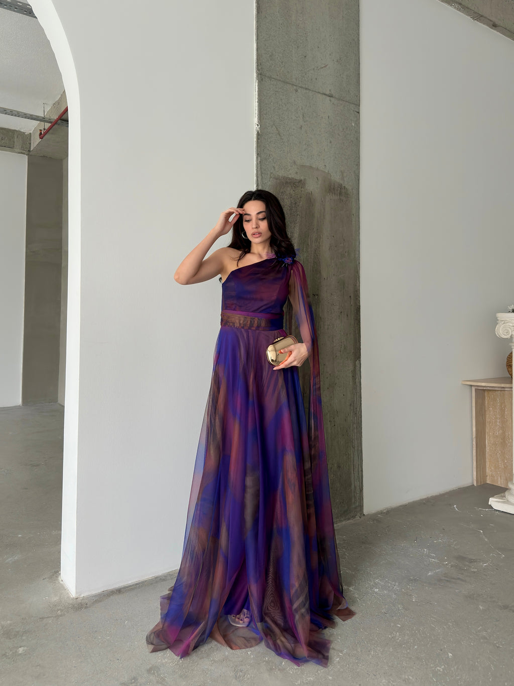 One-Shoulder Cape Detail Tulle Maxi Dress - Saxe Blue Multi