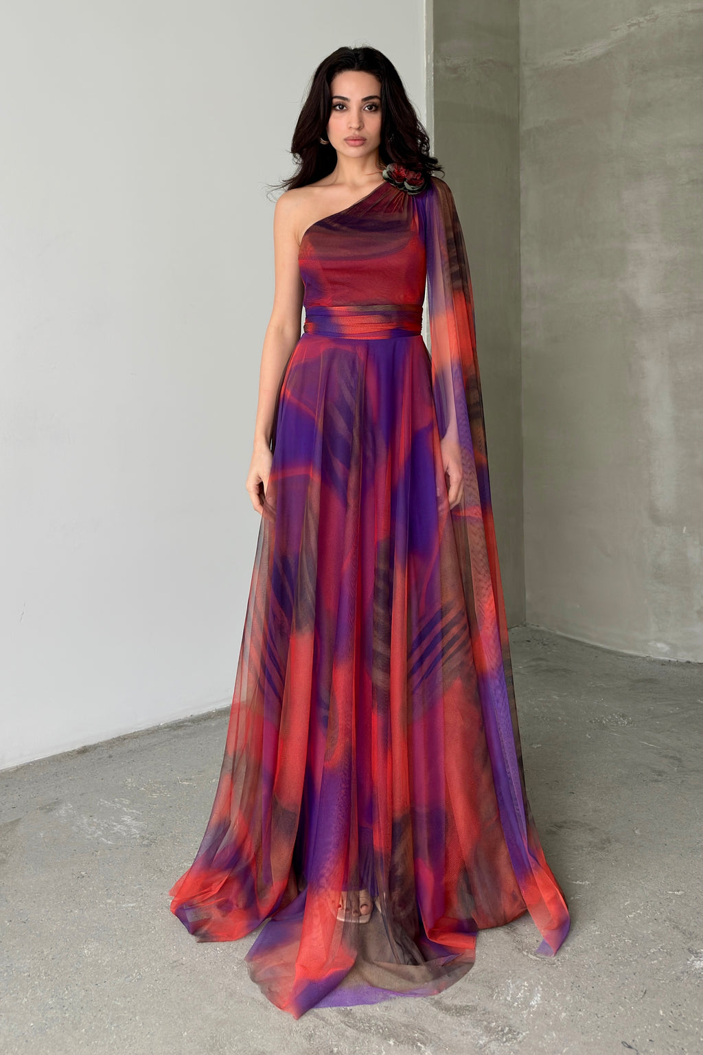 One-Shoulder Cape Detail Tulle Maxi Dress - Red Multi