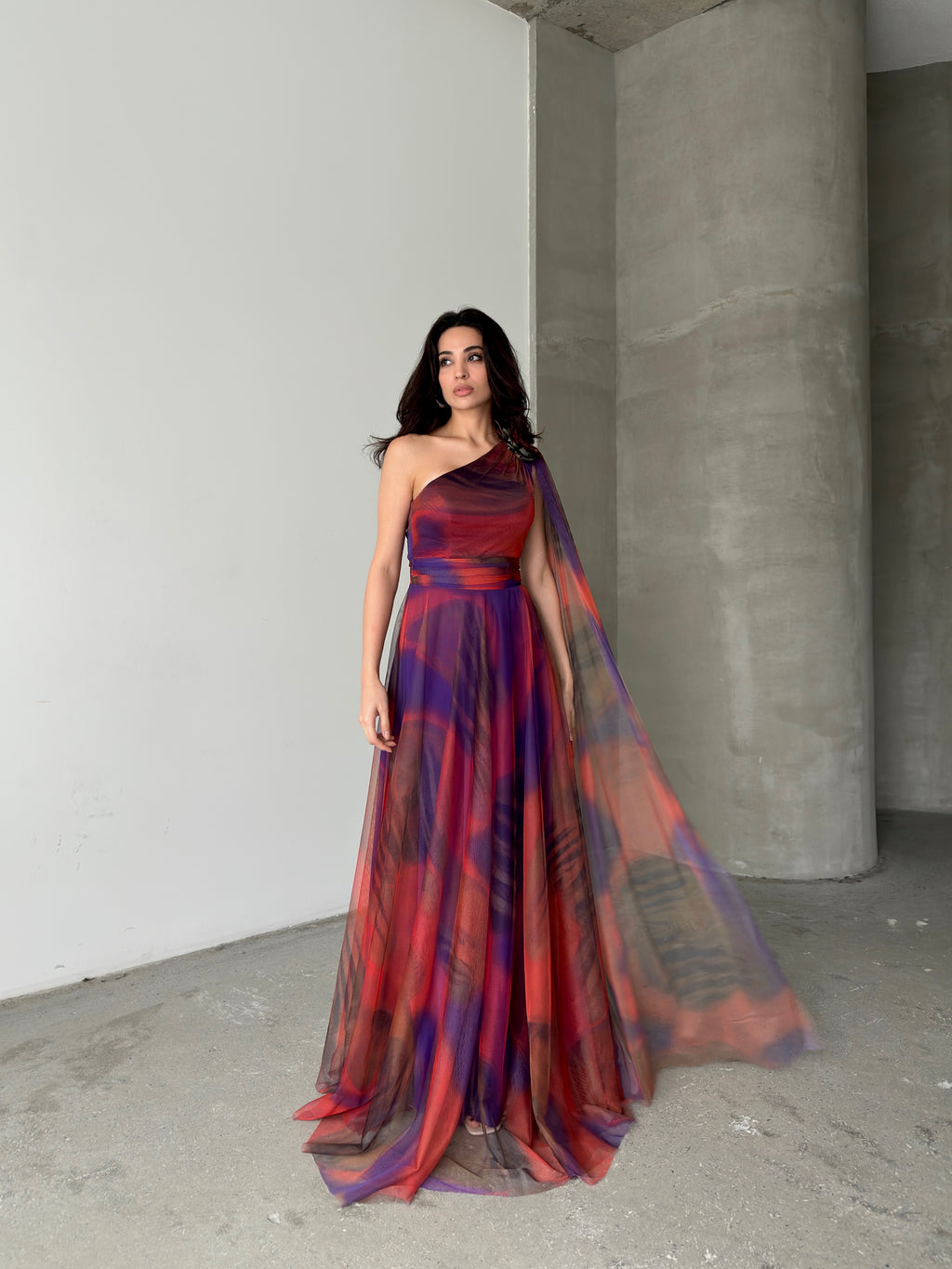 One-Shoulder Cape Detail Tulle Maxi Dress - Red Multi