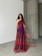 One-Shoulder Cape Detail Tulle Maxi Dress - Red Multi