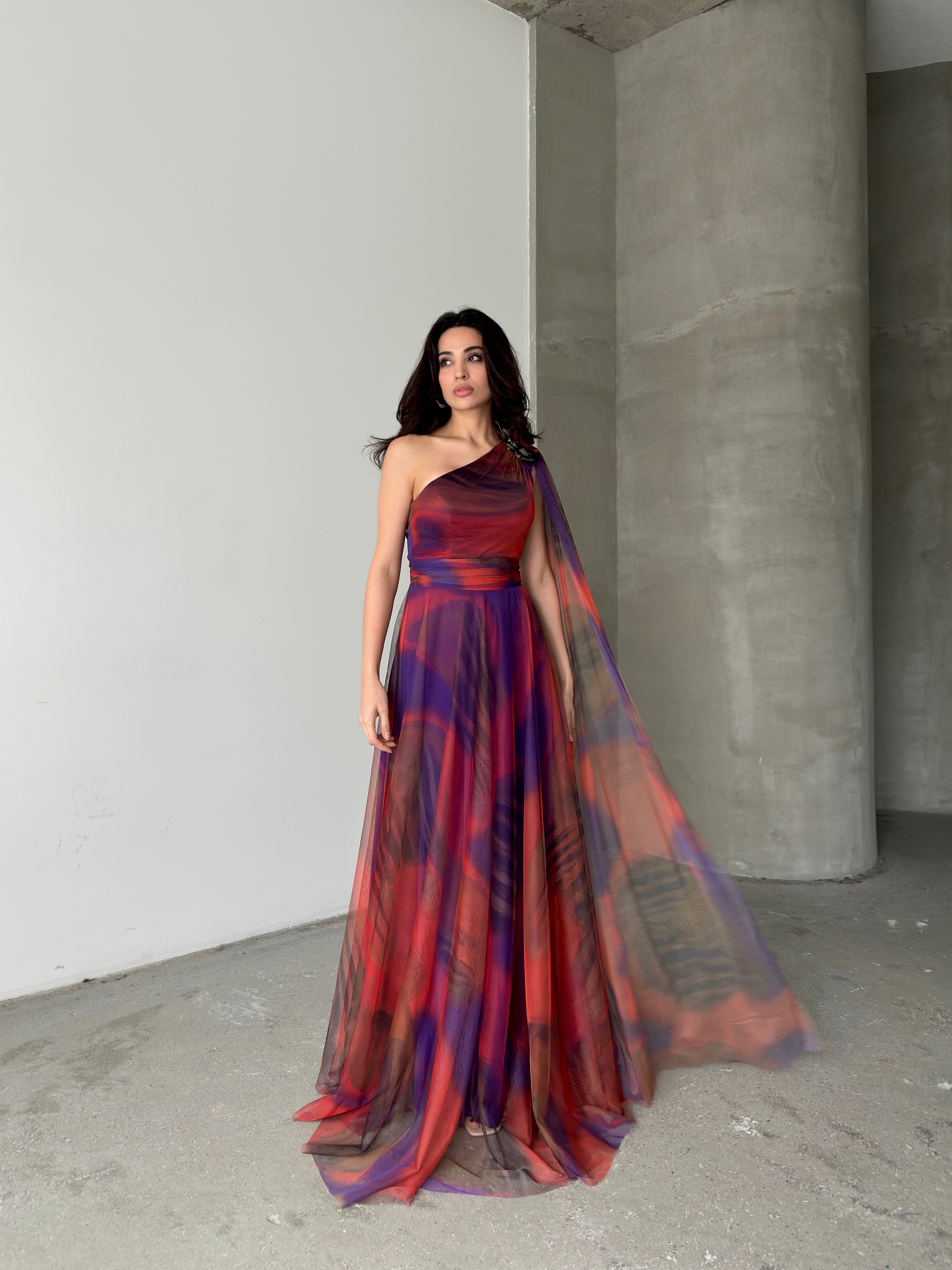 One-Shoulder Cape Detail Tulle Maxi Dress - Red Multi