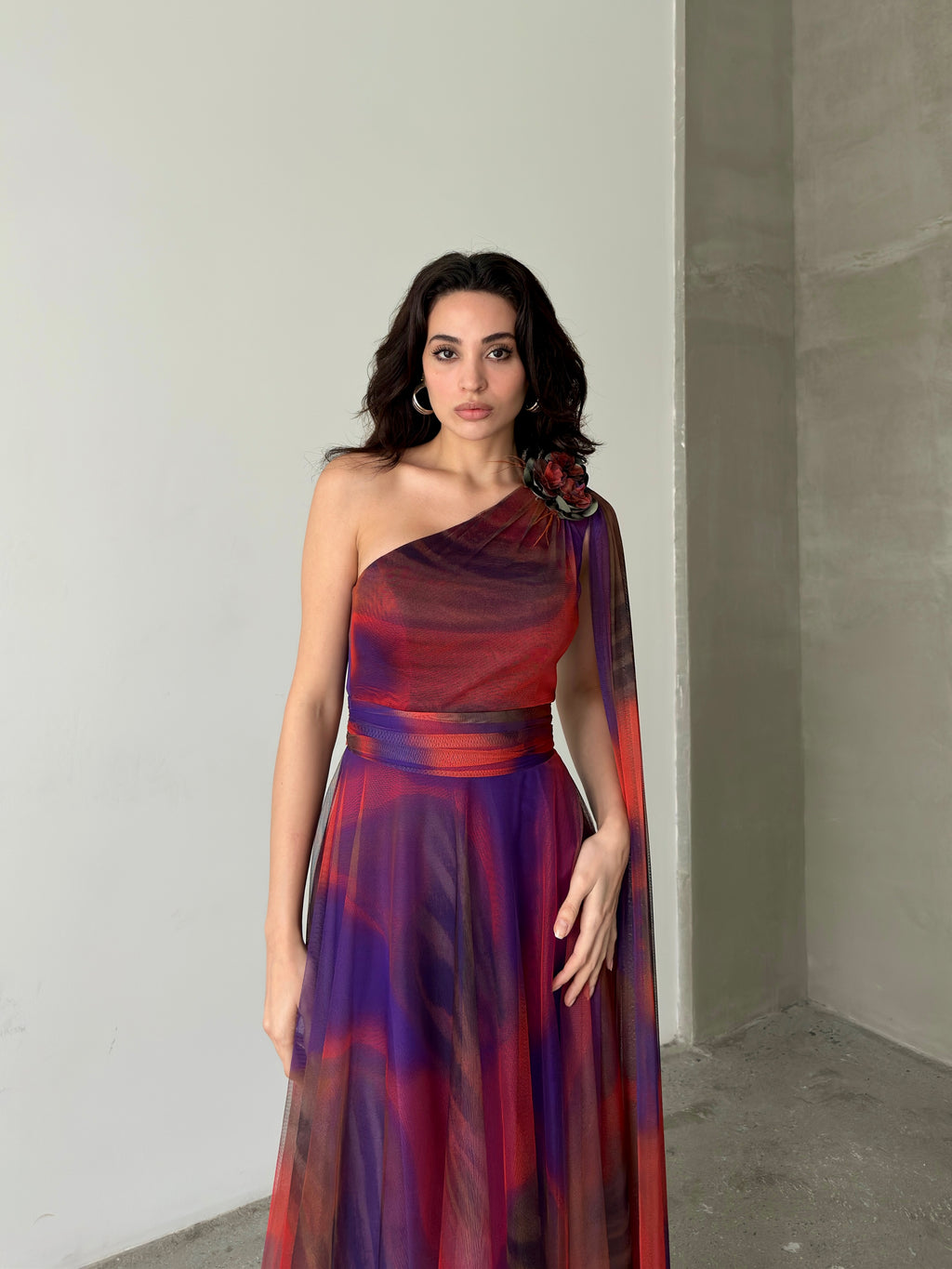 One-Shoulder Cape Detail Tulle Maxi Dress - Red Multi