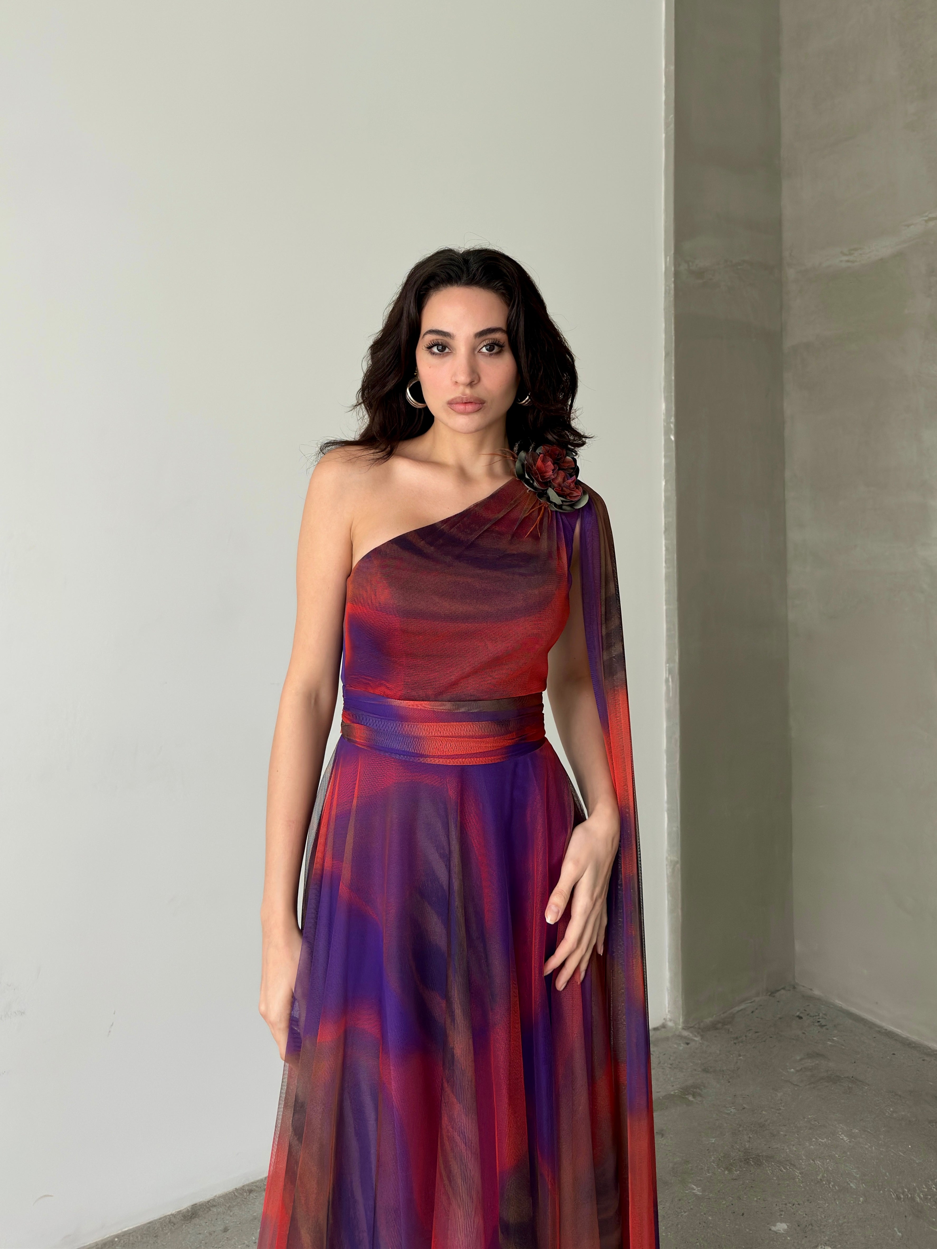 One-Shoulder Cape Detail Tulle Maxi Dress - Red Multi