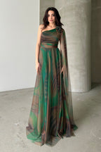One-Shoulder Cape Detail Tulle Maxi Dress - Green Multi
