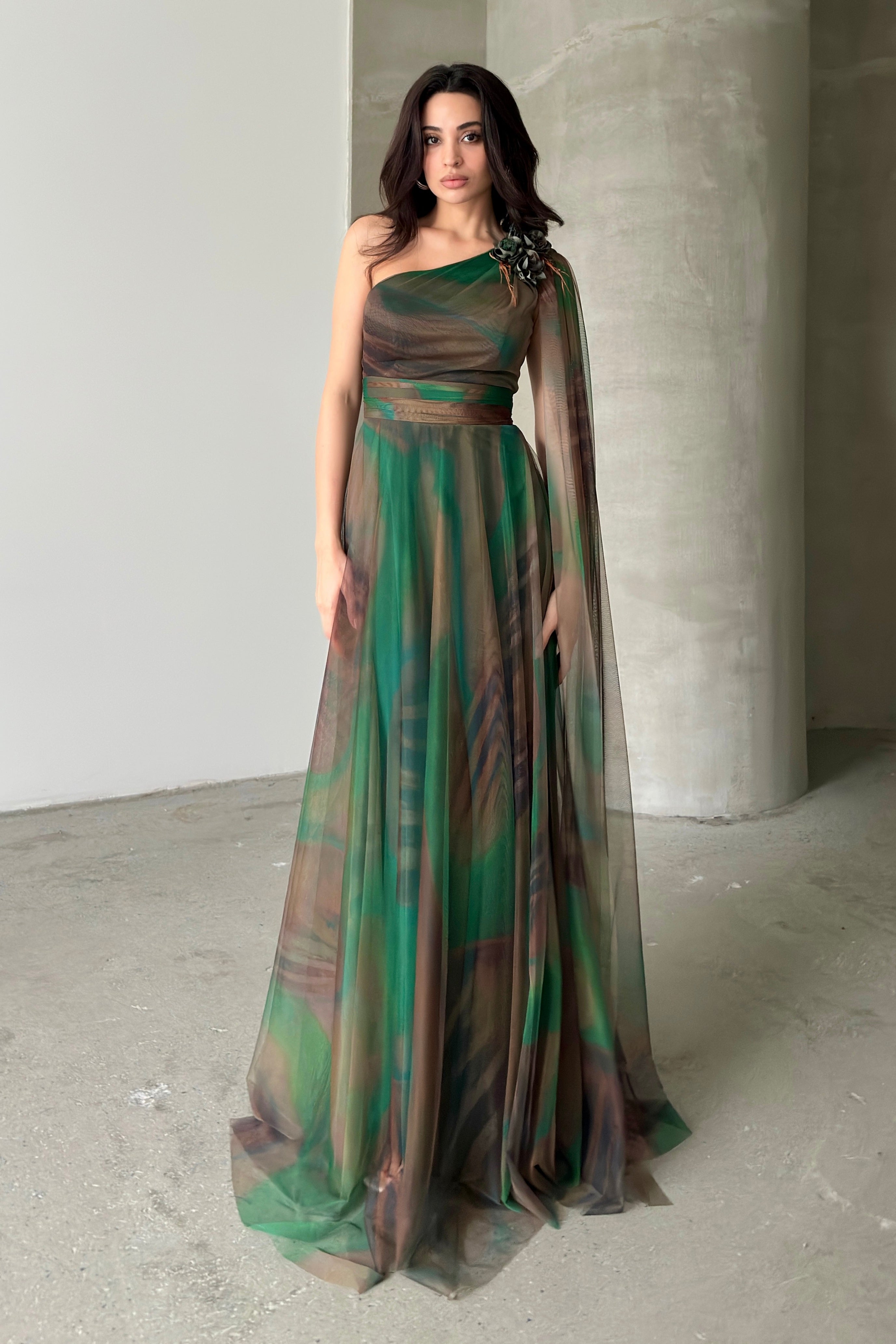 One-Shoulder Cape Detail Tulle Maxi Dress - Green Multi