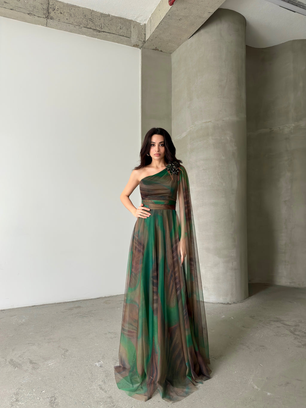 One-Shoulder Cape Detail Tulle Maxi Dress - Green Multi