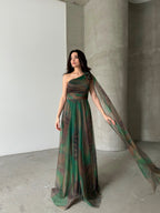 One-Shoulder Cape Detail Tulle Maxi Dress - Green Multi