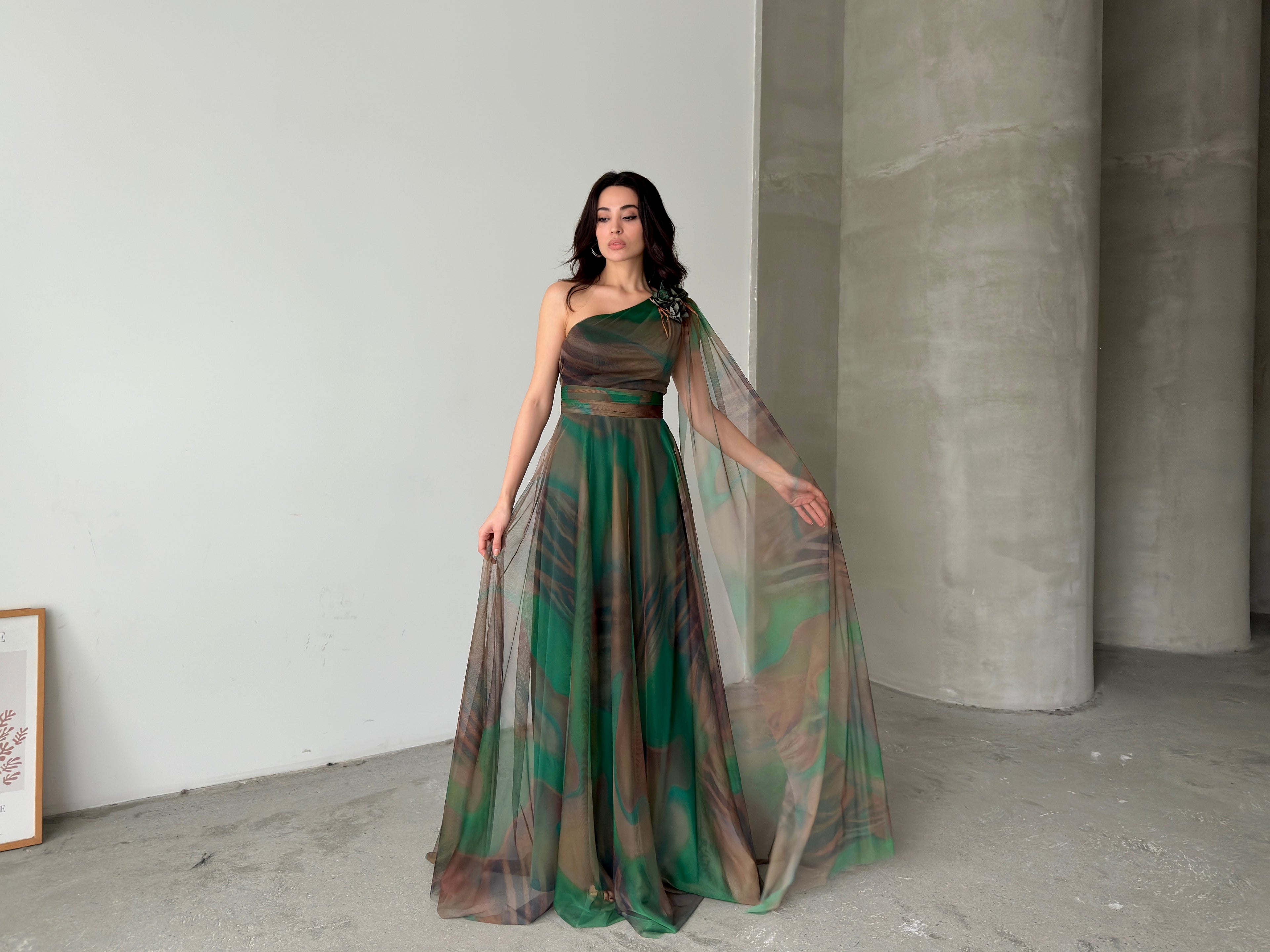One-Shoulder Cape Detail Tulle Maxi Dress - Green Multi