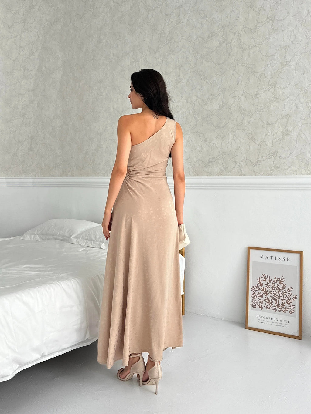 Patterned One-Shoulder Cut-Out Maxi Dress - Stone - Mirelline Store