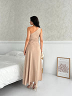 Patterned One-Shoulder Cut-Out Maxi Dress - Stone - Mirelline Store