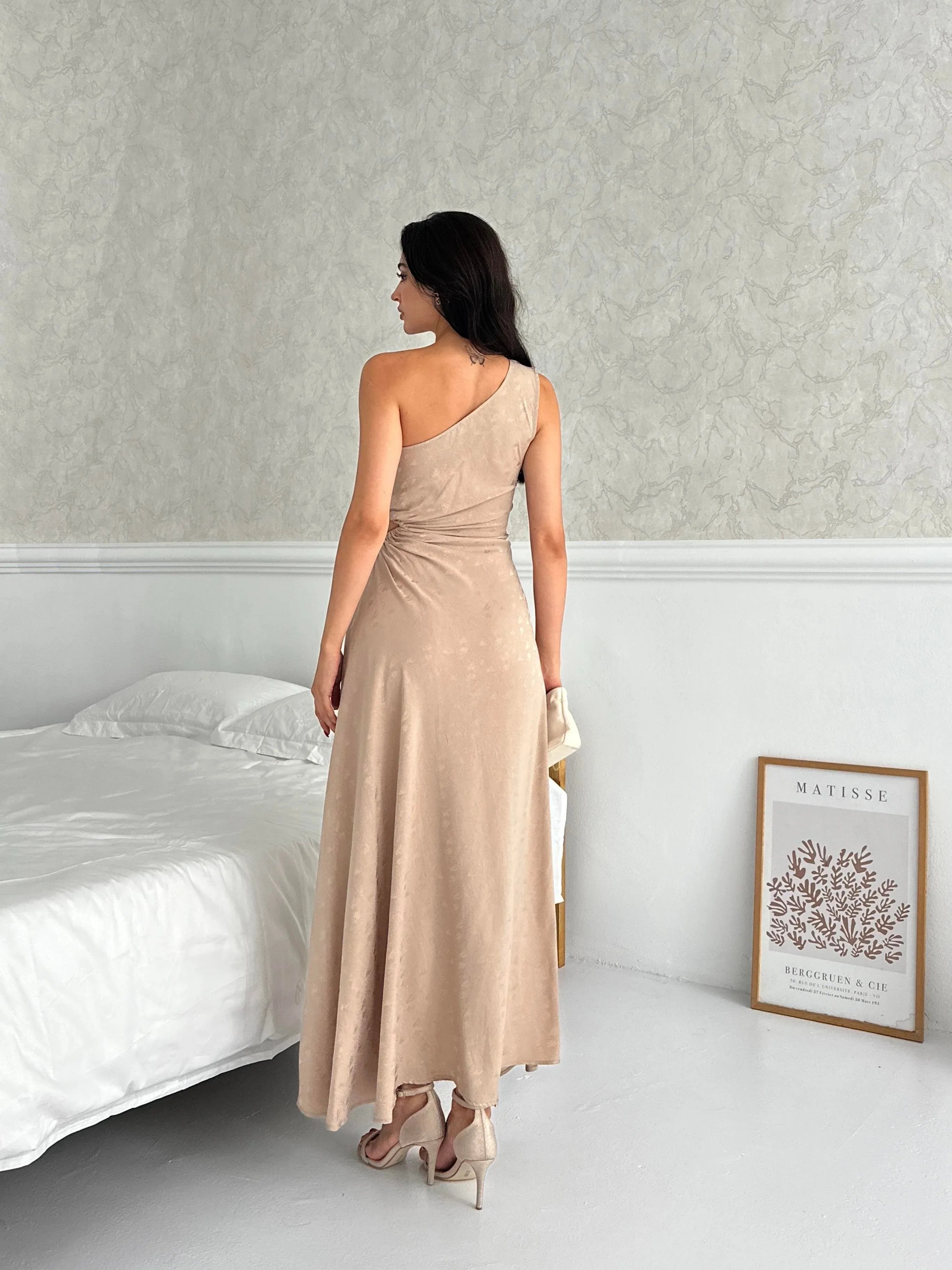 Patterned One-Shoulder Cut-Out Maxi Dress - Stone - Mirelline Store