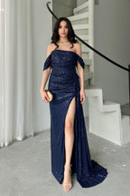 Off-Shoulder Slit Maxi Dress - Navy