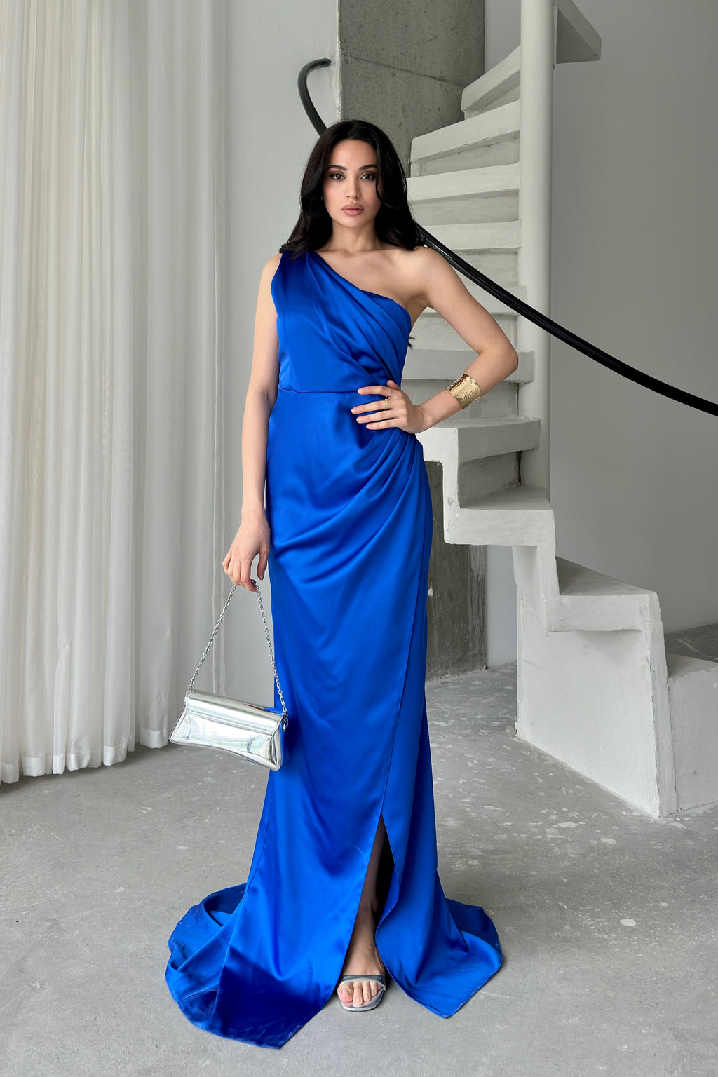 Draped One-Shoulder Satin Maxi Dress - Saxe Blue