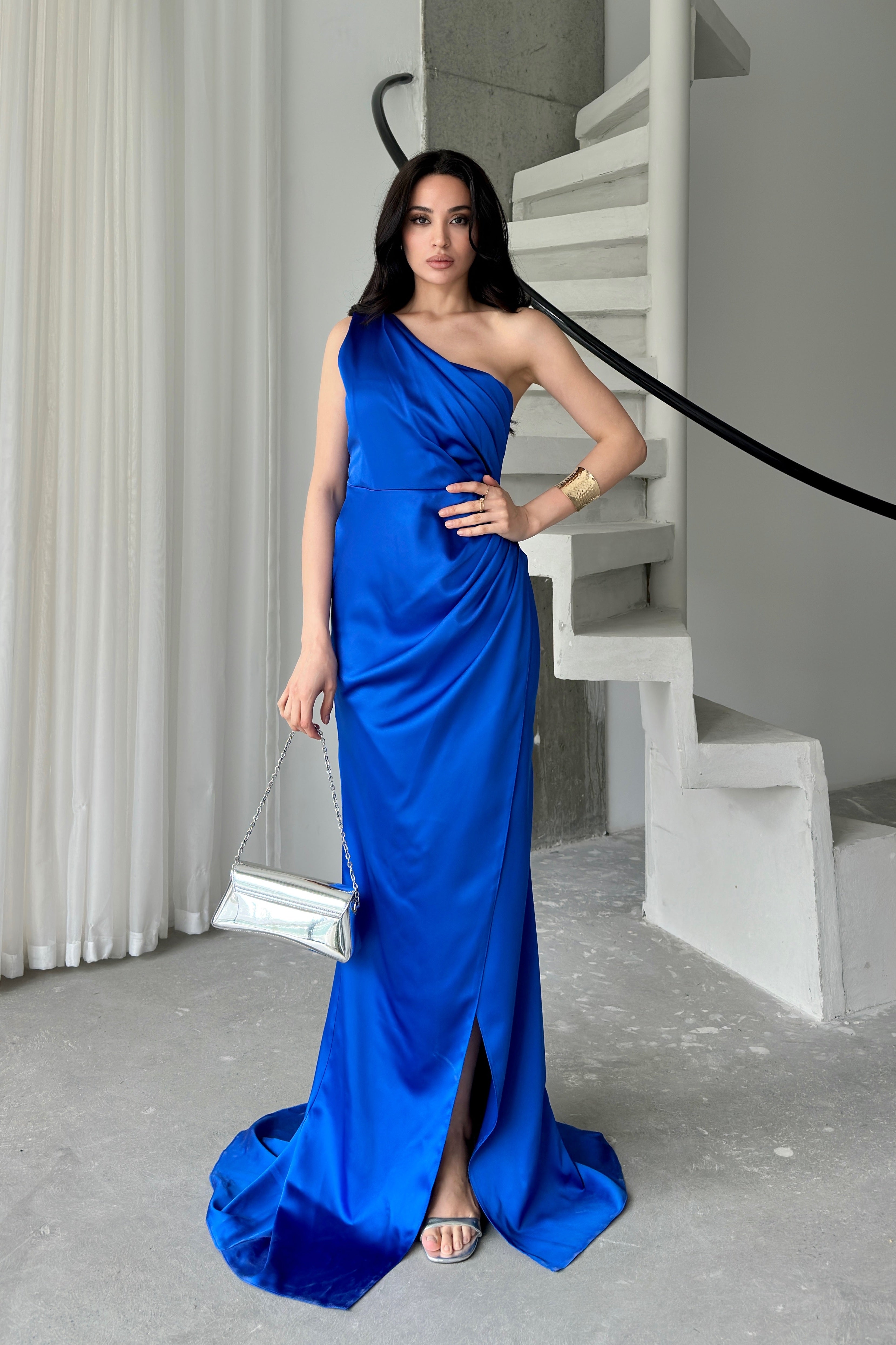 Draped One-Shoulder Satin Maxi Dress - Saxe Blue