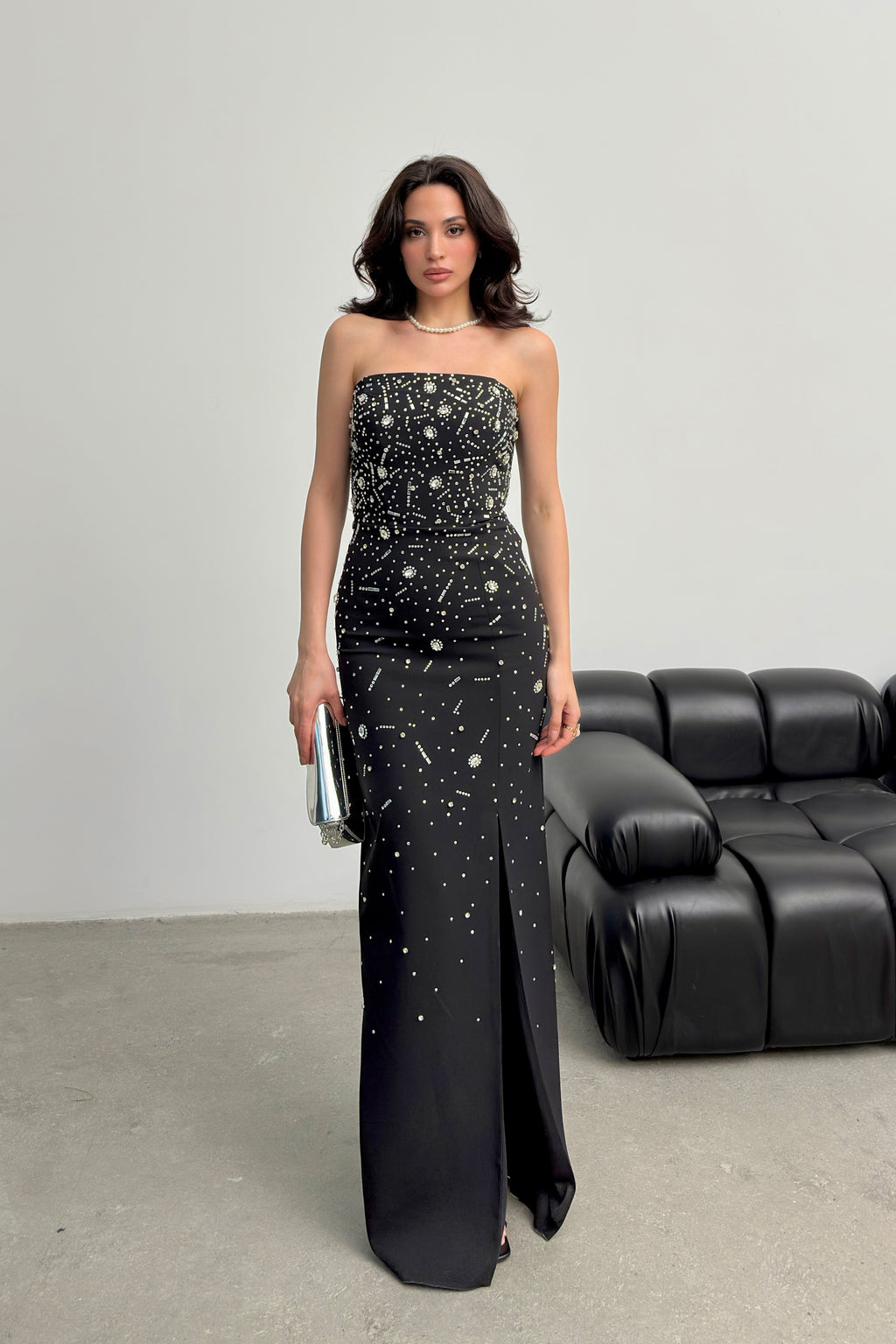 Embroidered Strapless Slit Maxi Dress - Black