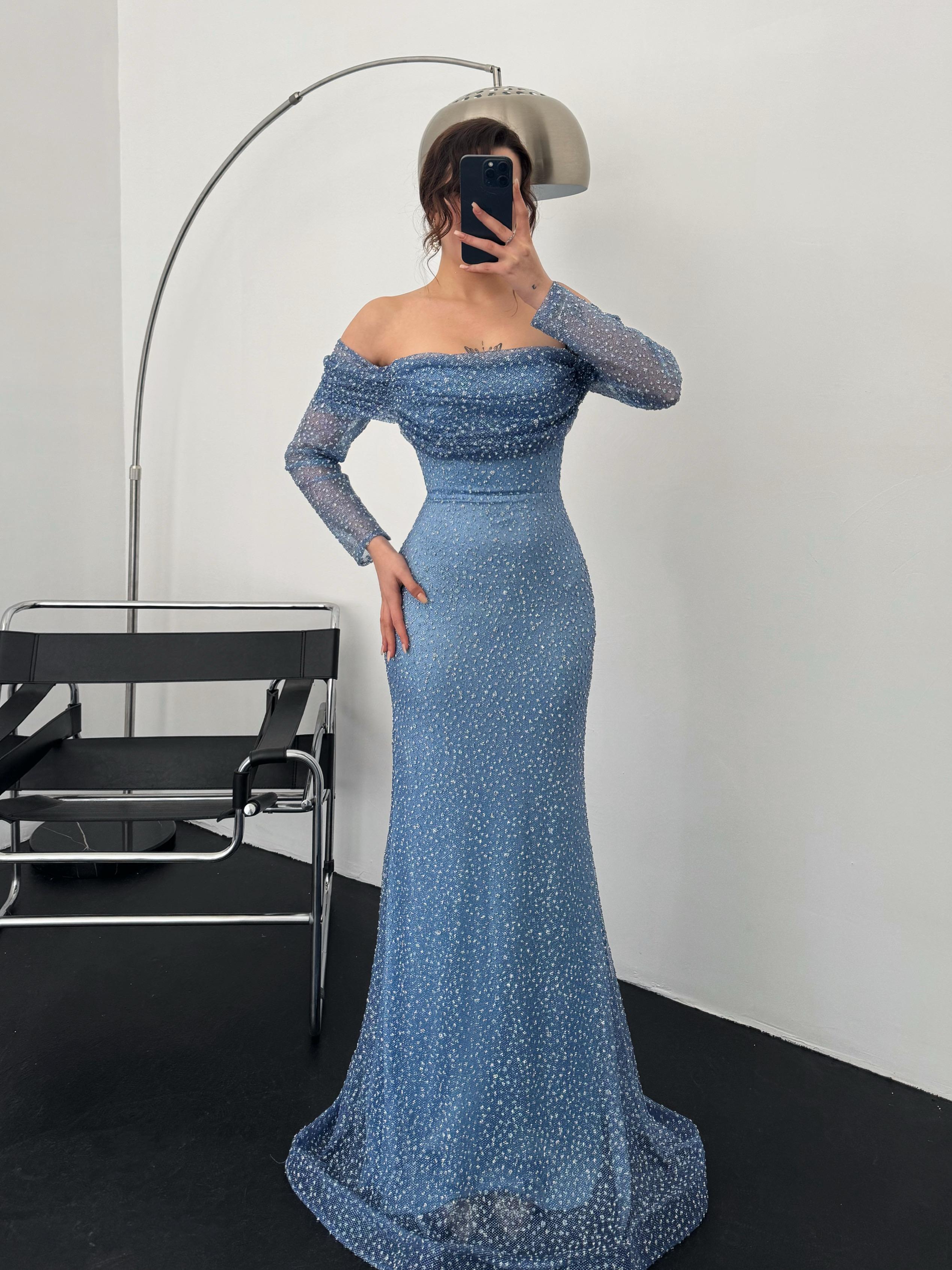 Beaded Off-Shoulder Long Sleeve Maxi Dress - Blue