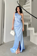 Draped One-Shoulder Satin Maxi Dress - Baby Blue