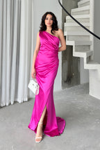 Draped One-Shoulder Satin Maxi Dress - Fuchsia
