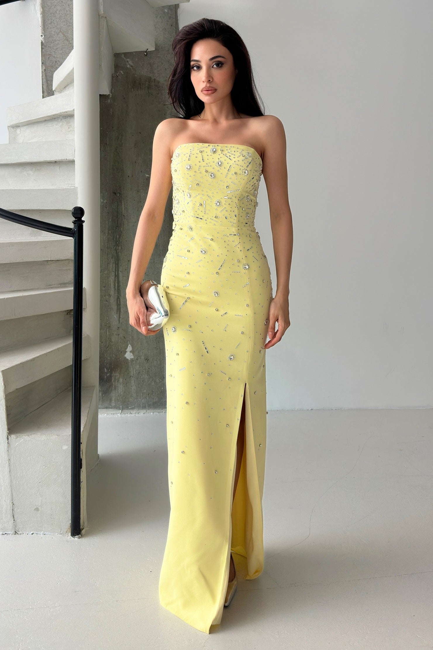Embroidered Strapless Slit Maxi Dress - Yellow