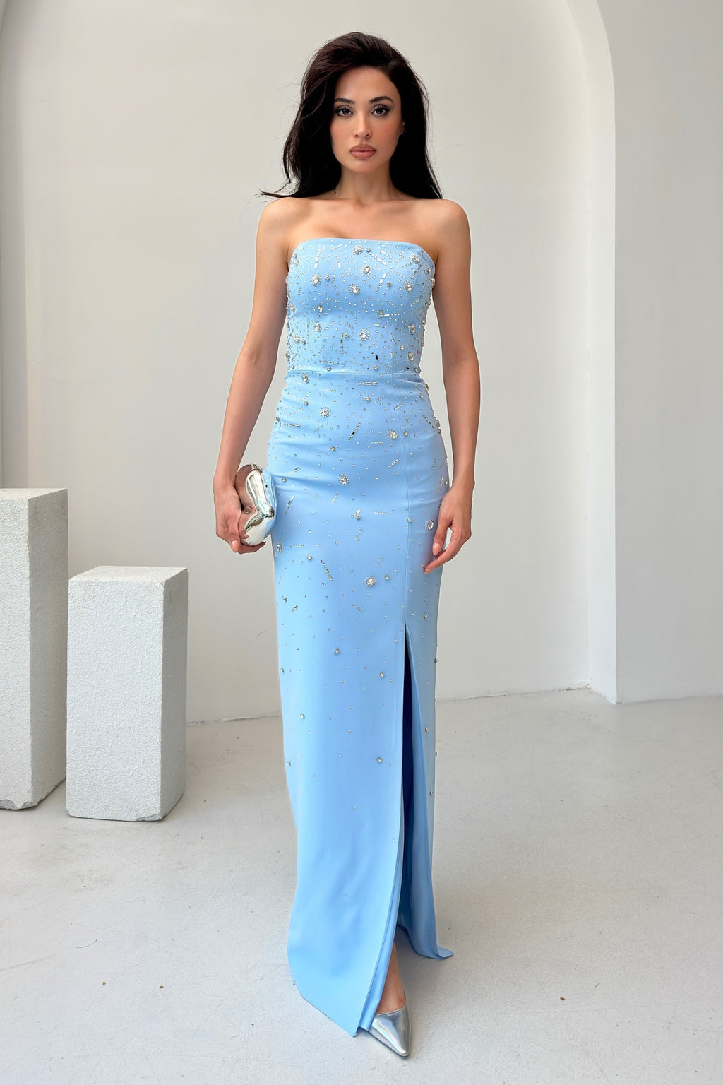 Embroidered Strapless Slit Maxi Dress - Baby Blue