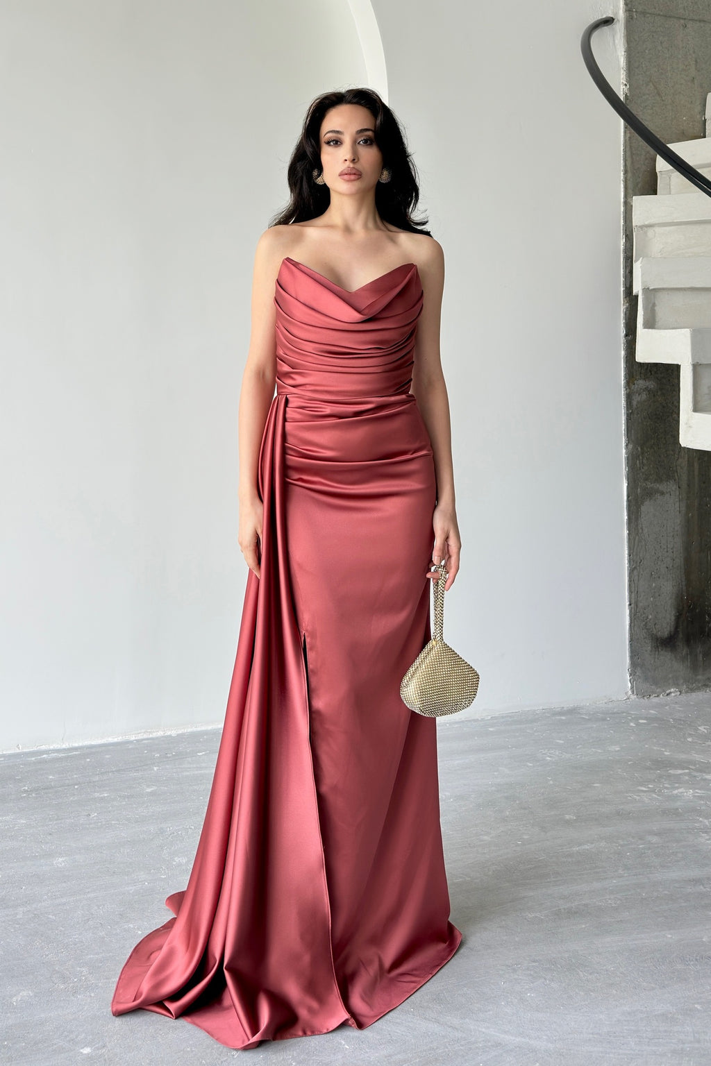 Draped Strapless Satin Maxi Dress - Cinnamon