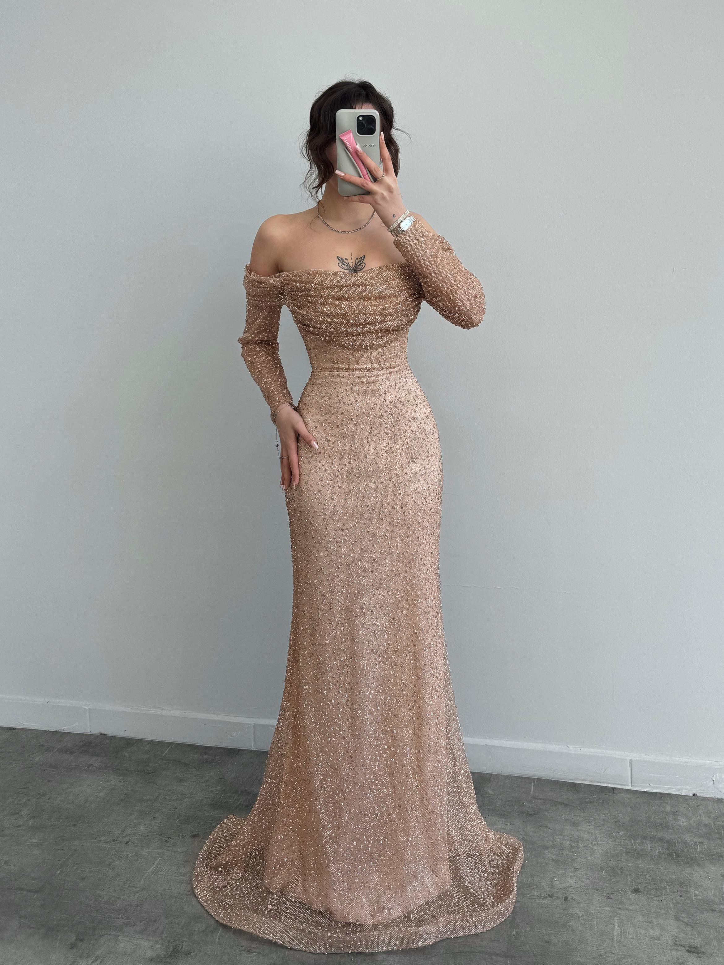 Beaded Off-Shoulder Long Sleeve Maxi Dress - Gold