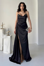Embellished Cowl Neck Satin Maxi Dress - Black
