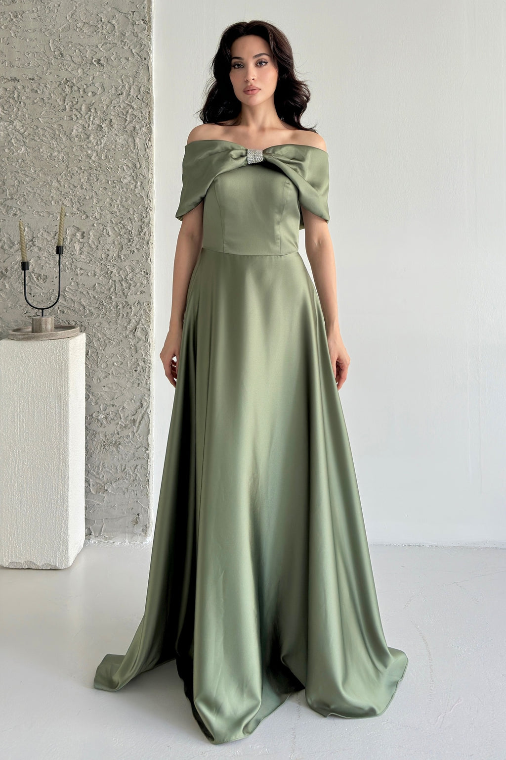 Off-Shoulder Bow Structured Satin Maxi Dress - Olive Green