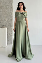 Off-Shoulder Bow Structured Satin Maxi Dress - Olive Green