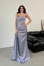 Rhinestone Strap Ruched Satin Maxi Dress - Gray