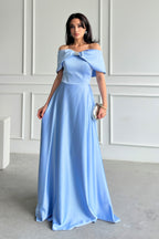 Off-Shoulder Bow Structured Satin Maxi Dress - Baby Blue