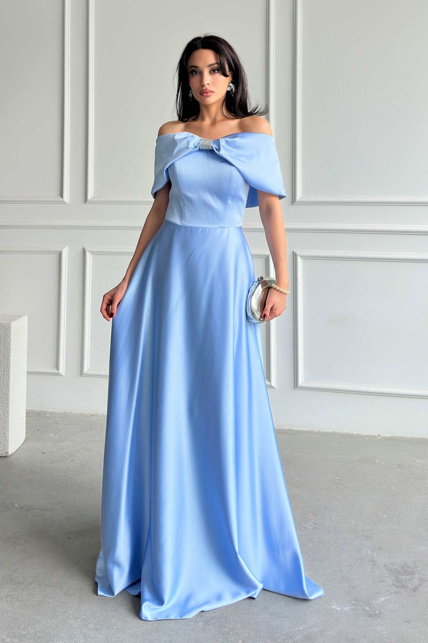 Off-Shoulder Bow Structured Satin Maxi Dress - Baby Blue
