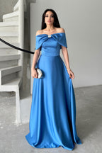 Bow Detail Off-Shoulder Satin Maxi Dress - Blue