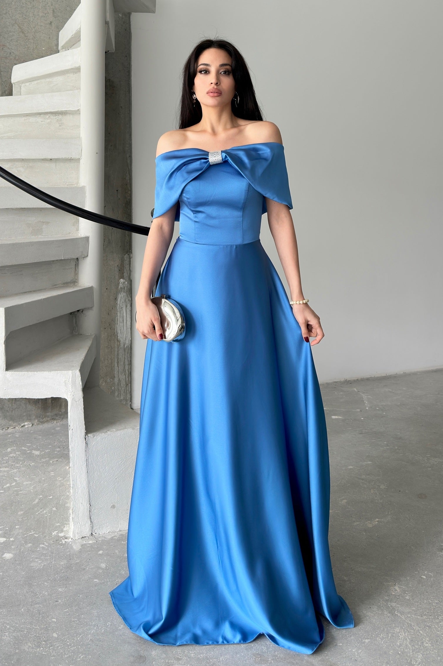 Bow Detail Off-Shoulder Satin Maxi Dress - Blue