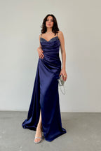 Embellished Cowl Neck Satin Maxi Dress - Navy