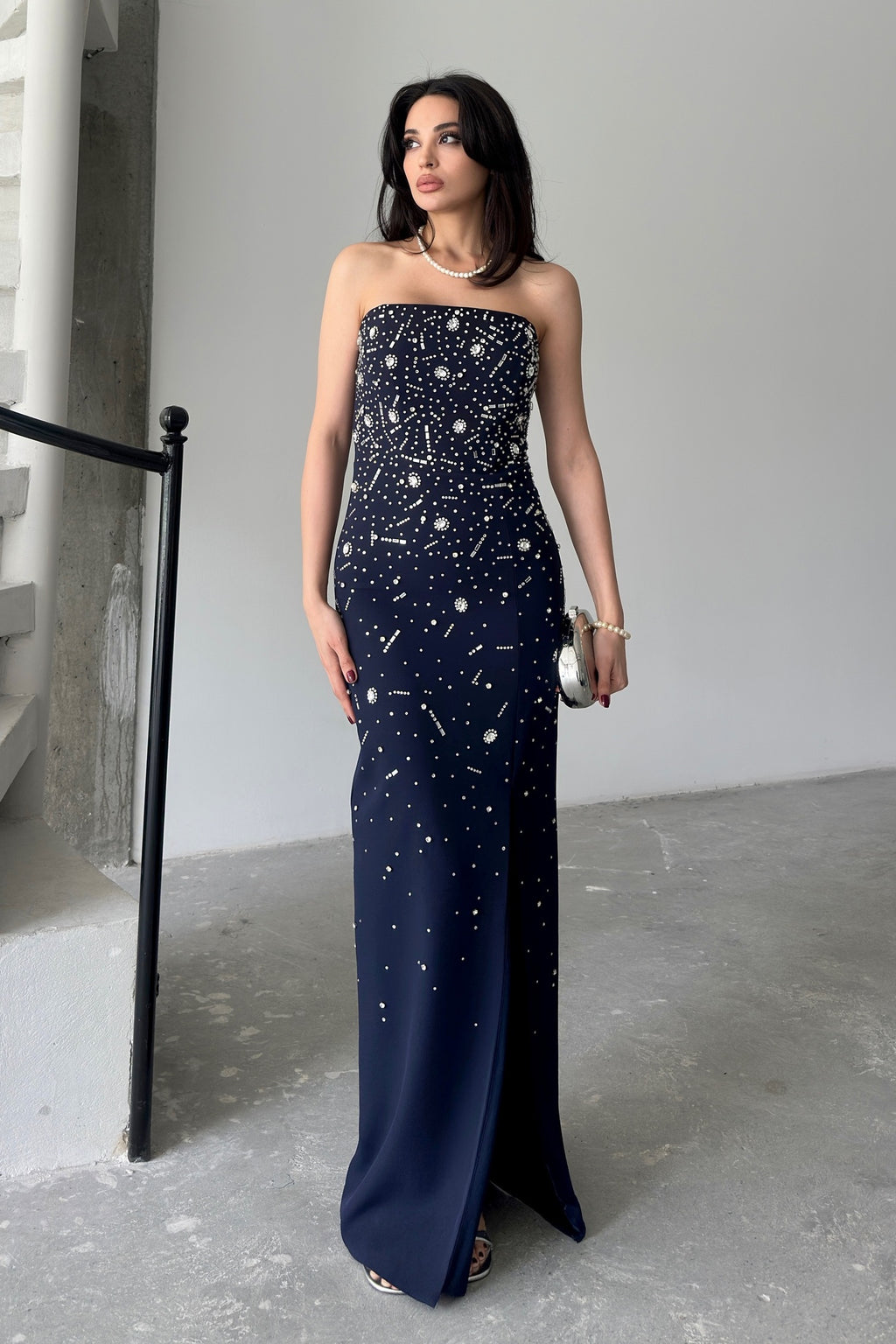 Embroidered Strapless Slit Maxi Dress - Navy