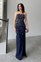 Embroidered Strapless Slit Maxi Dress - Navy