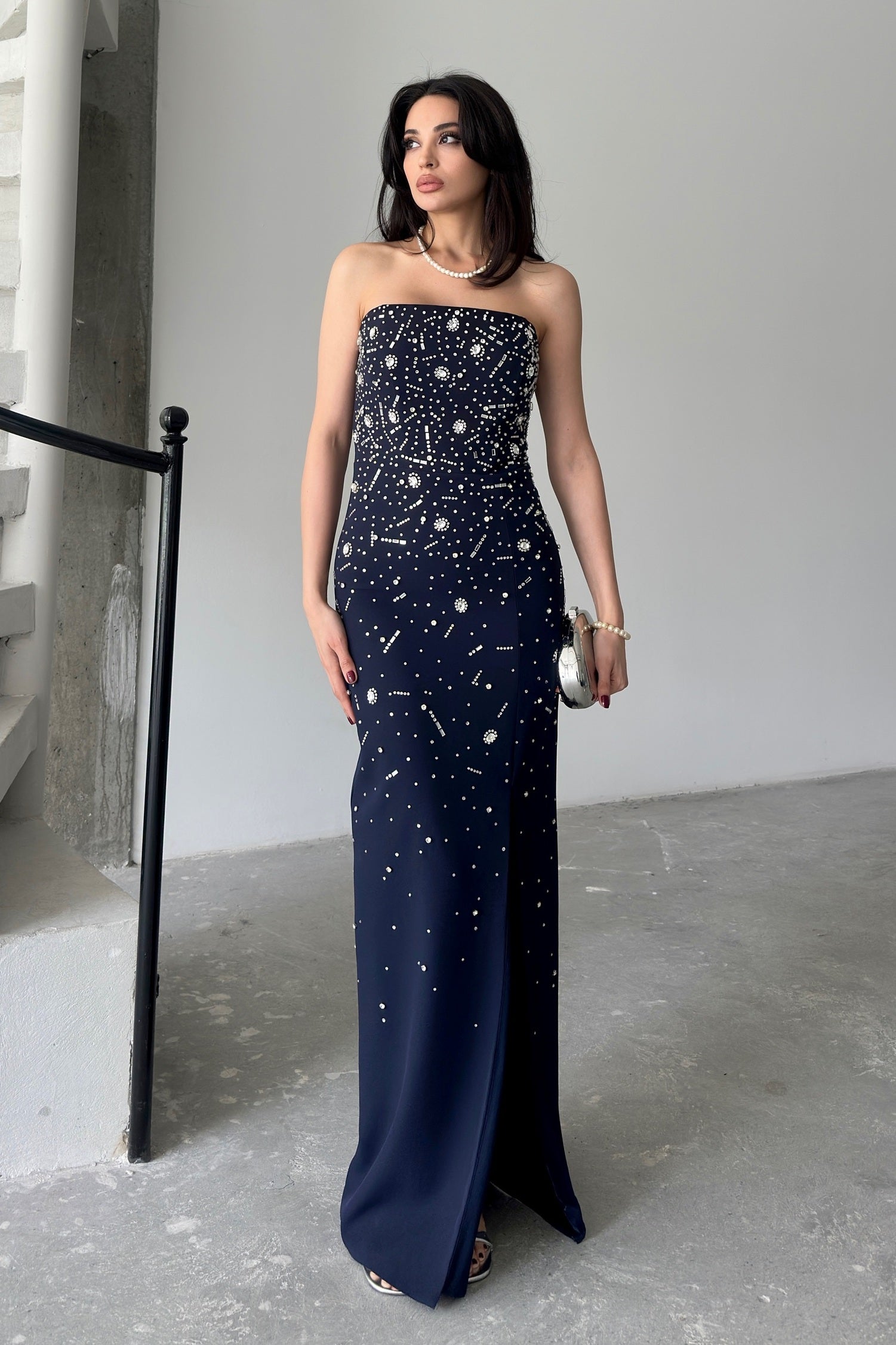 Embroidered Strapless Slit Maxi Dress - Navy