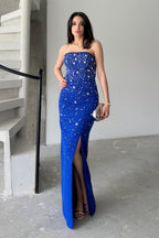 Embroidered Strapless Slit Maxi Dress - Royal Blue