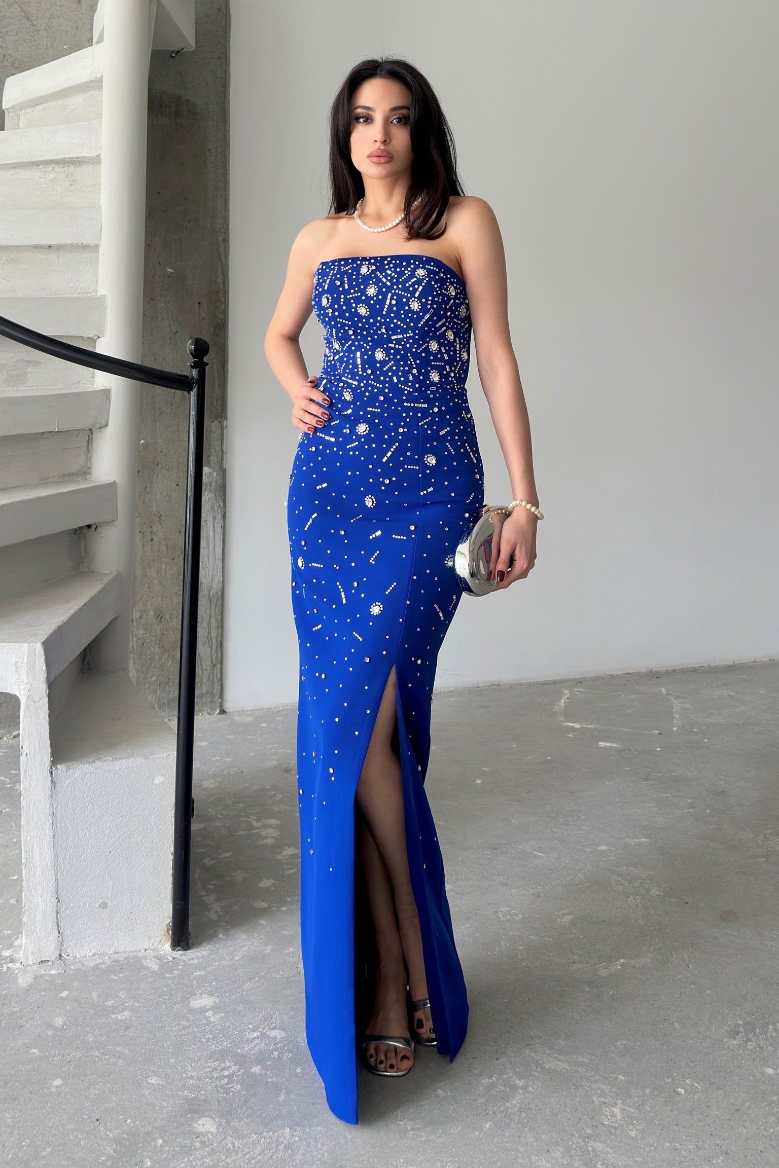Embroidered Strapless Slit Maxi Dress - Royal Blue